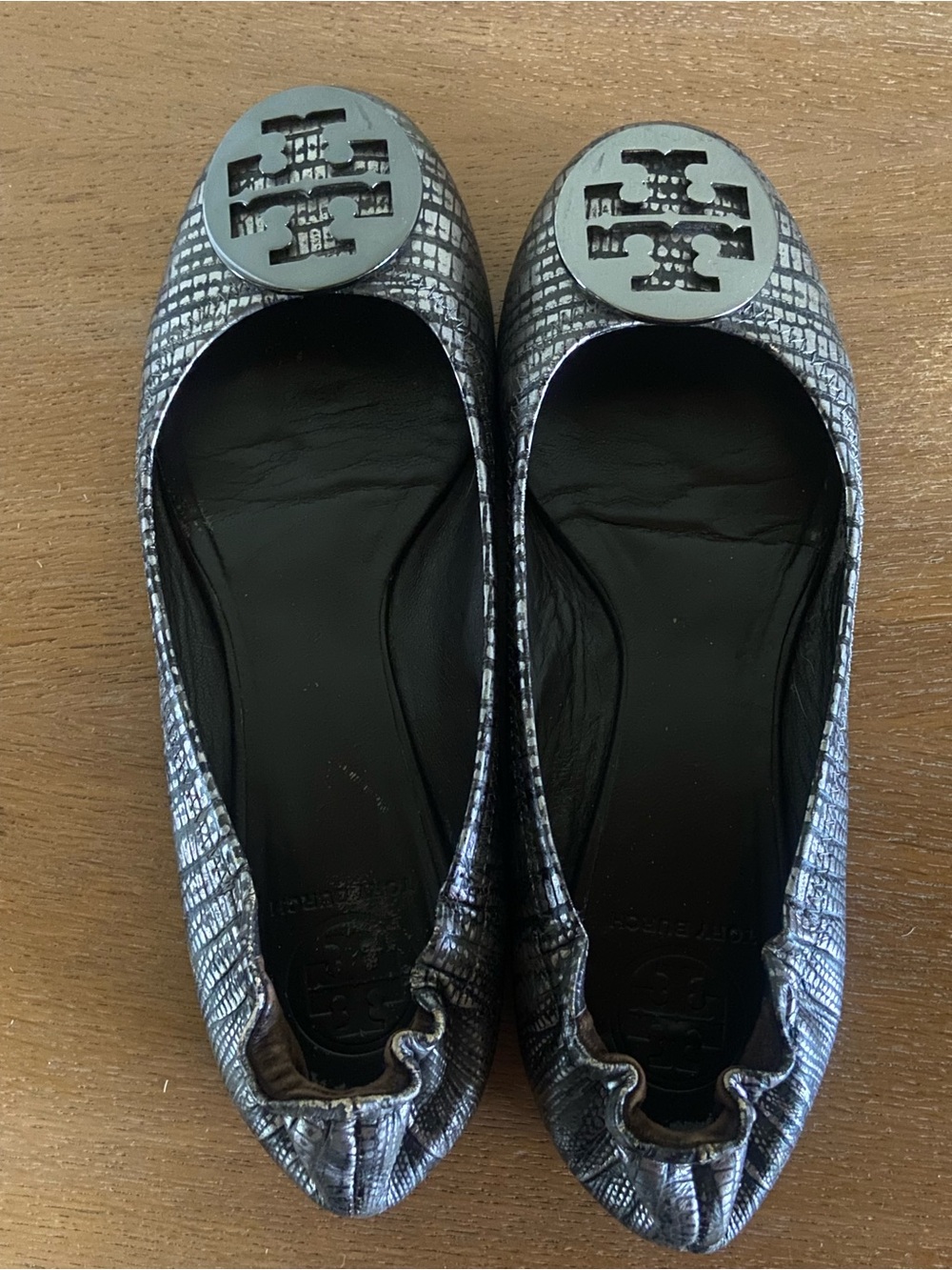Tory Burch Silver Snake-Print Logo Ballet Flats